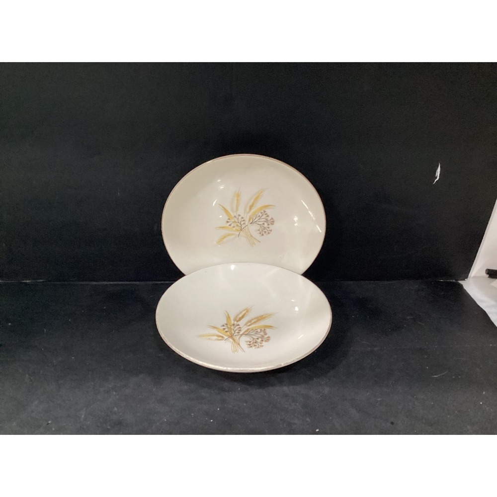 VTG HOMER LAUGHLIN GOLDEN WHEAT THISTLE RHYTHM SHAPE 2 COUPE SOUP BOWLS *